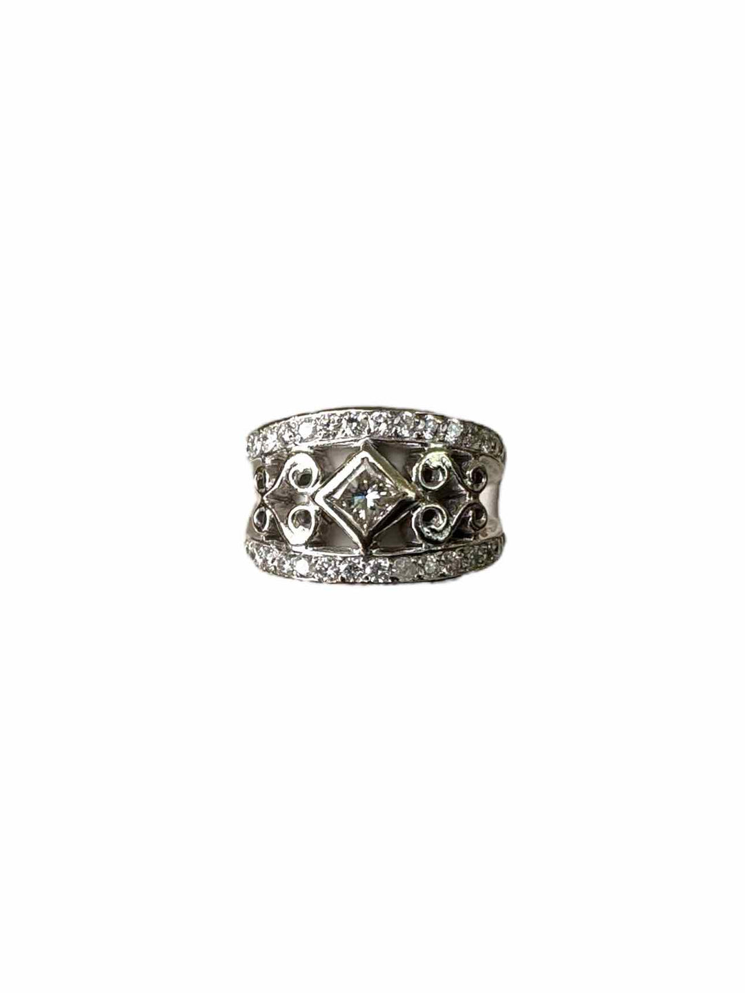 14K White Gold & Diamond Split Shank Filigree Diamond Ring