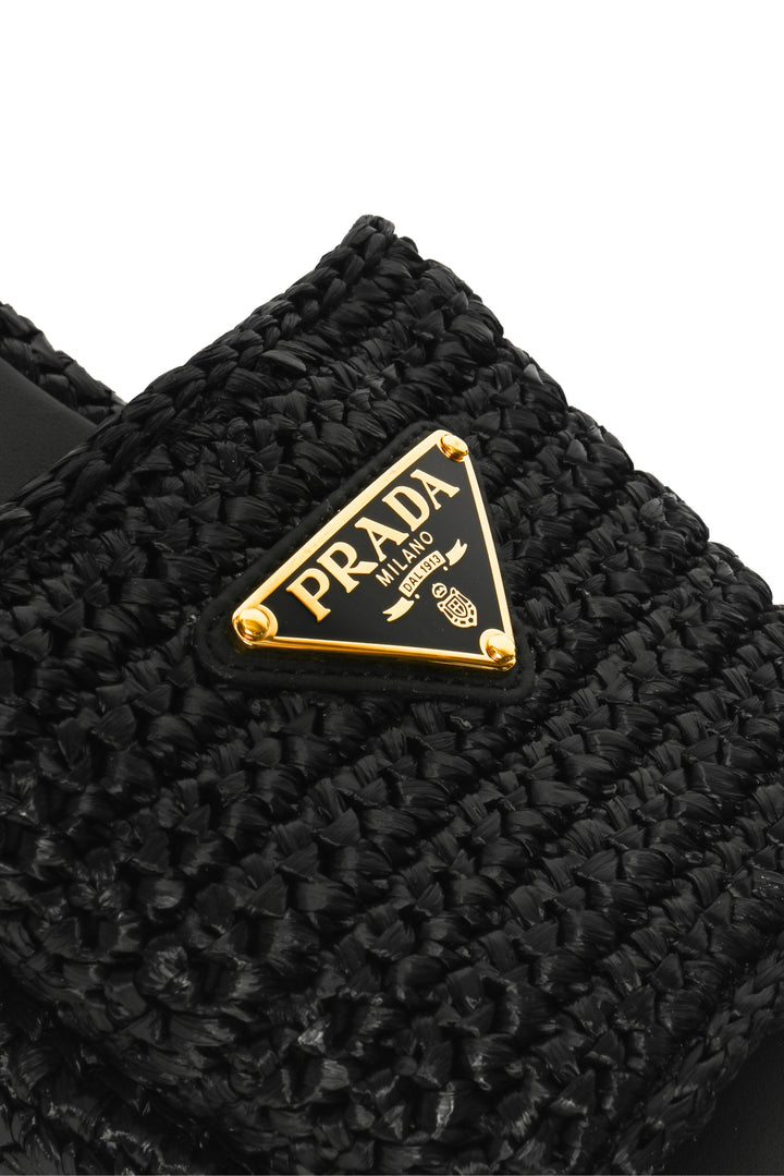 Prada Size 36 Enameled Triangle Logo Plaque Raffia Flatform Slide Sandals