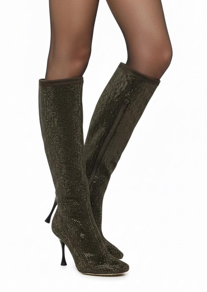 Bottega Veneta Size 37 Suede Crystal Sparkle Dot Tall Boots