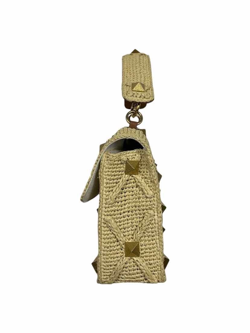 Valentino Roman Stud Large Crochet-Trimmed Raffia Shoulder Bag