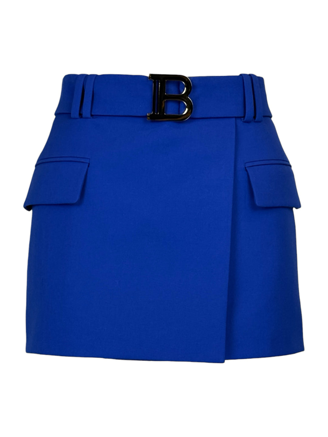 Balmain Size 36 B Logo Wrap Effect Wool Mini Skirt