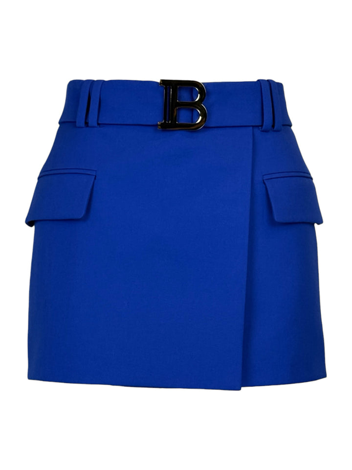Balmain Size 36 B Logo Wrap Effect Wool Mini Skirt