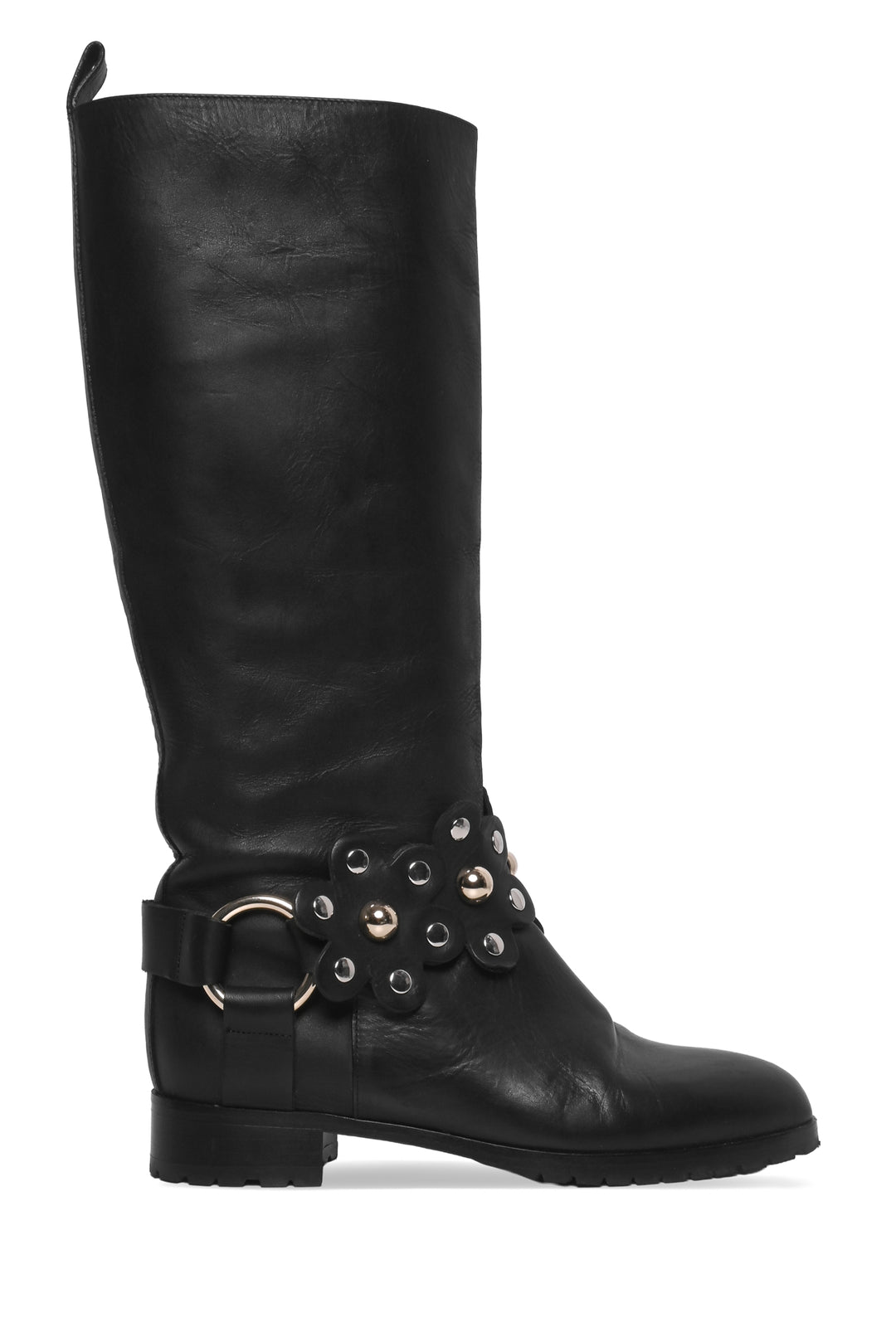 Red Valentino Size 37 Flower Puzzle Knee High Leather Boots