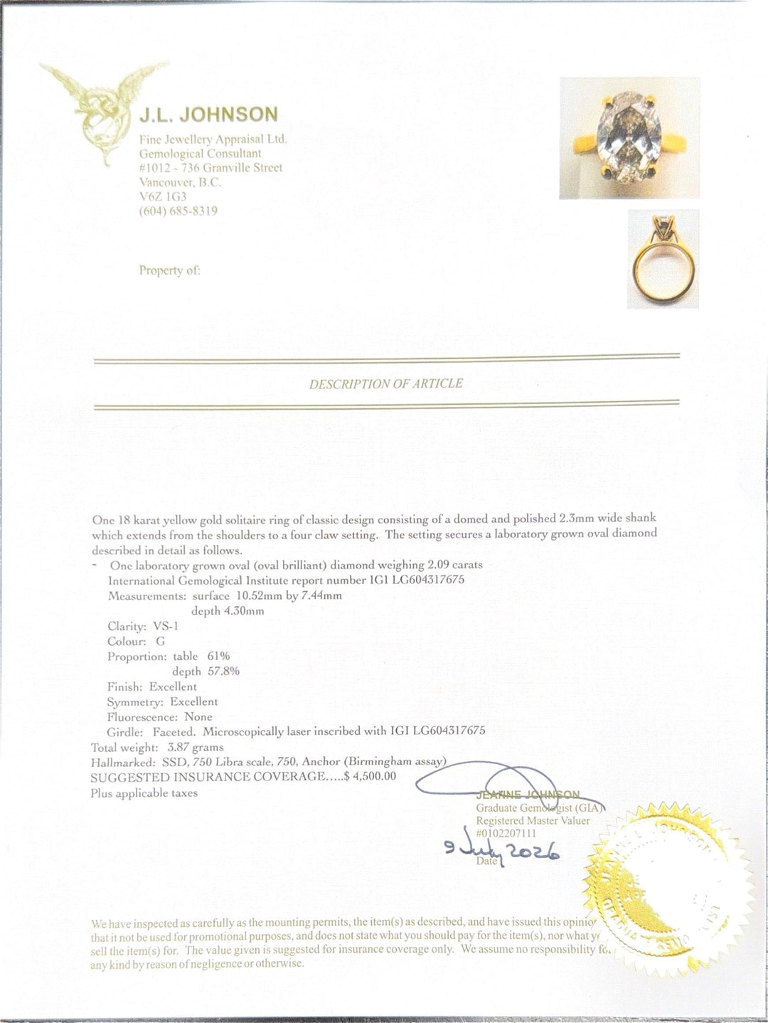 77 Diamonds London Size 5 18K Yellow Gold Oval Solitaire Diamond Ring