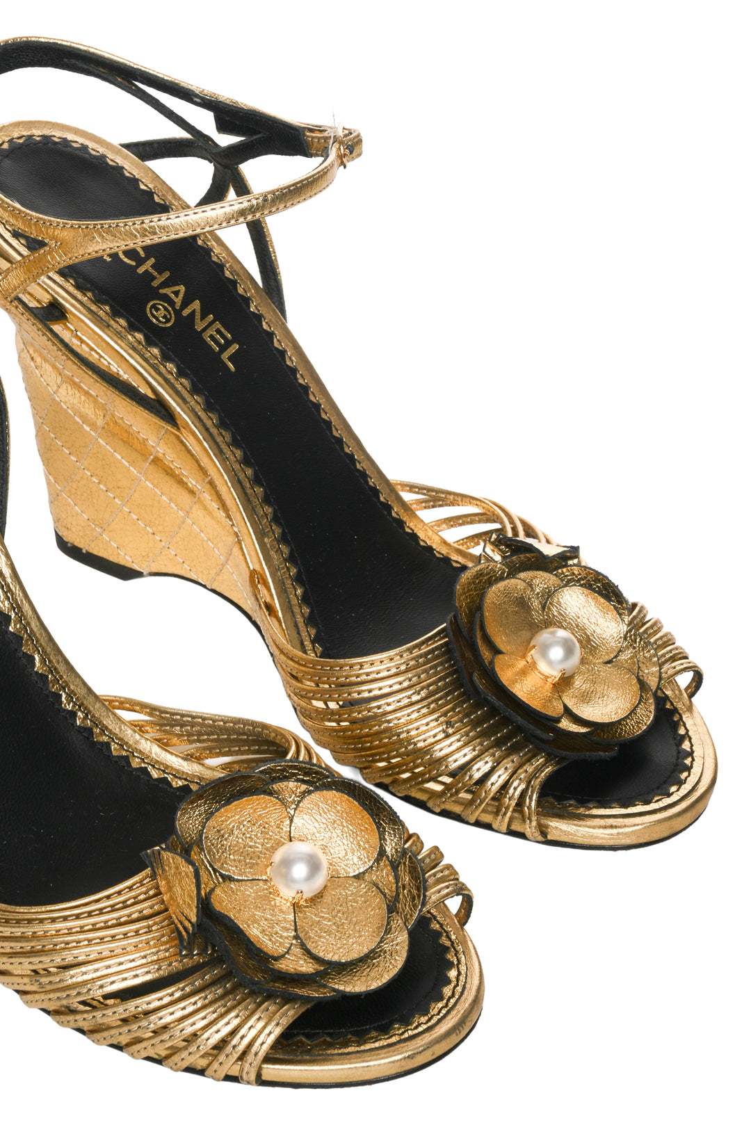 Chanel Size 37 Metallic Faux Pearl Camellia Ankle Strap Wedge Sandals
