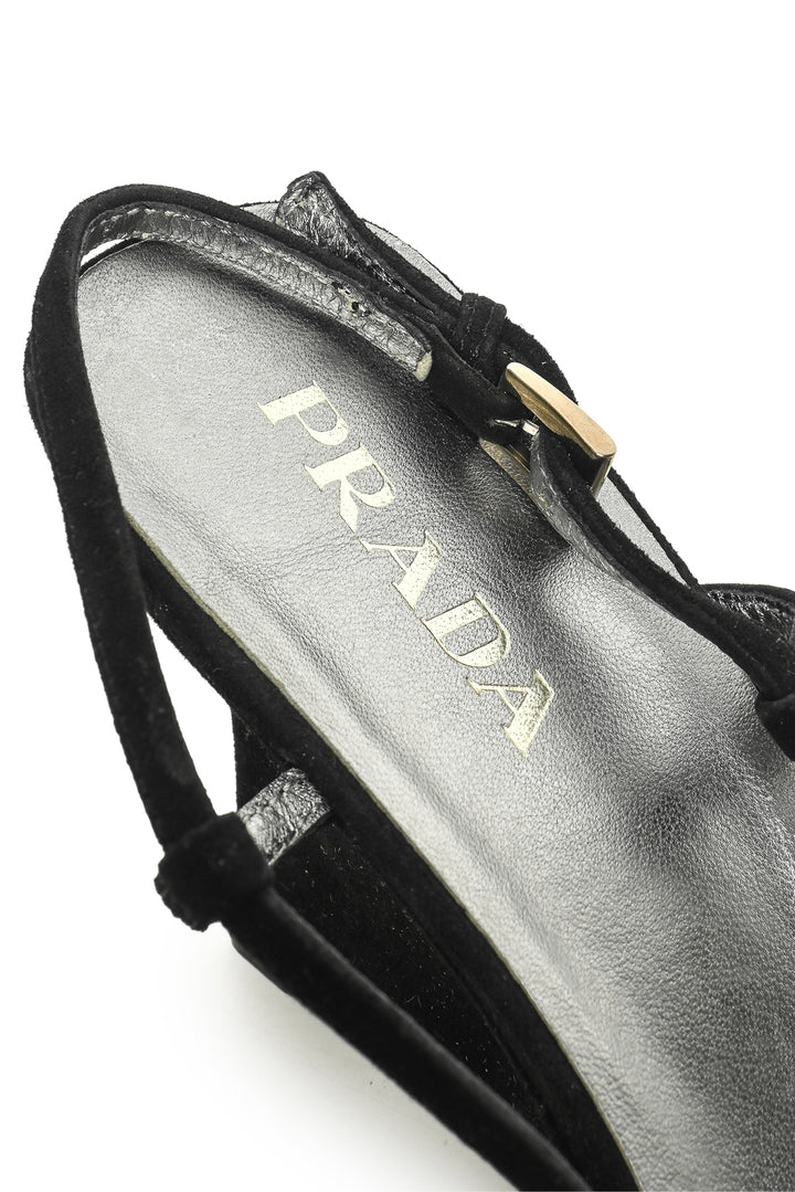 Prada Size 37.5 Peep Toe Suede Slingback Wedges
