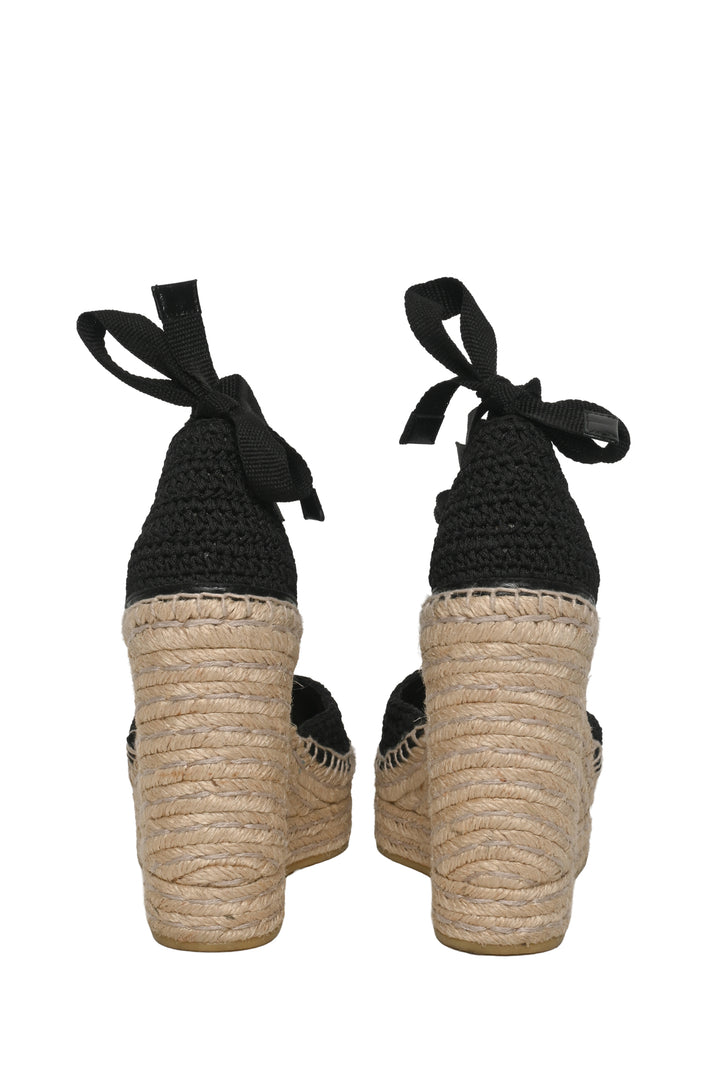 Gucci Size 36 Crochet Pearly GG Logo Ankle Wrap Platform Espadrille Wedges