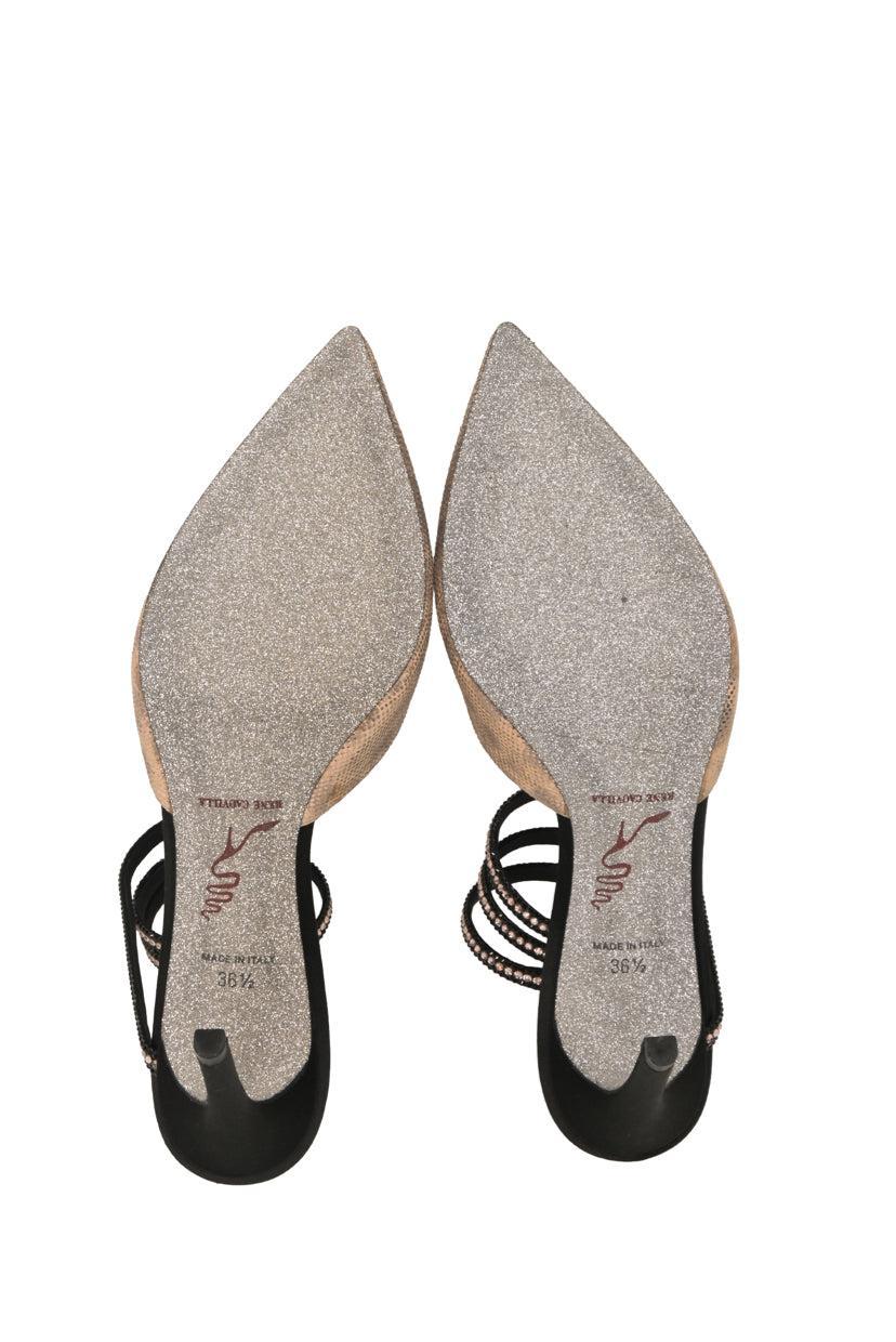 Rene Caovilla Size 36.5 Rose Gold Karung & Black Satin Crystal Spiral Pumps