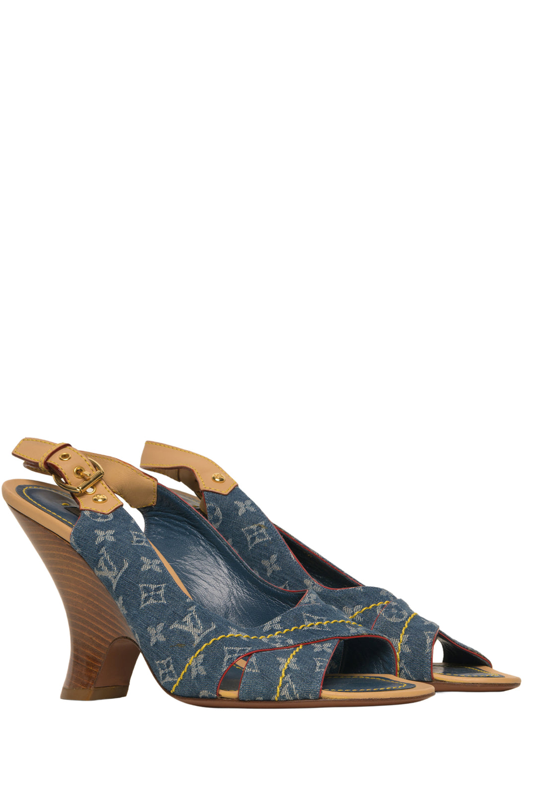 Louis Vuitton Size 37.5 LV Monogram Denim Slingback Heeled Sandals