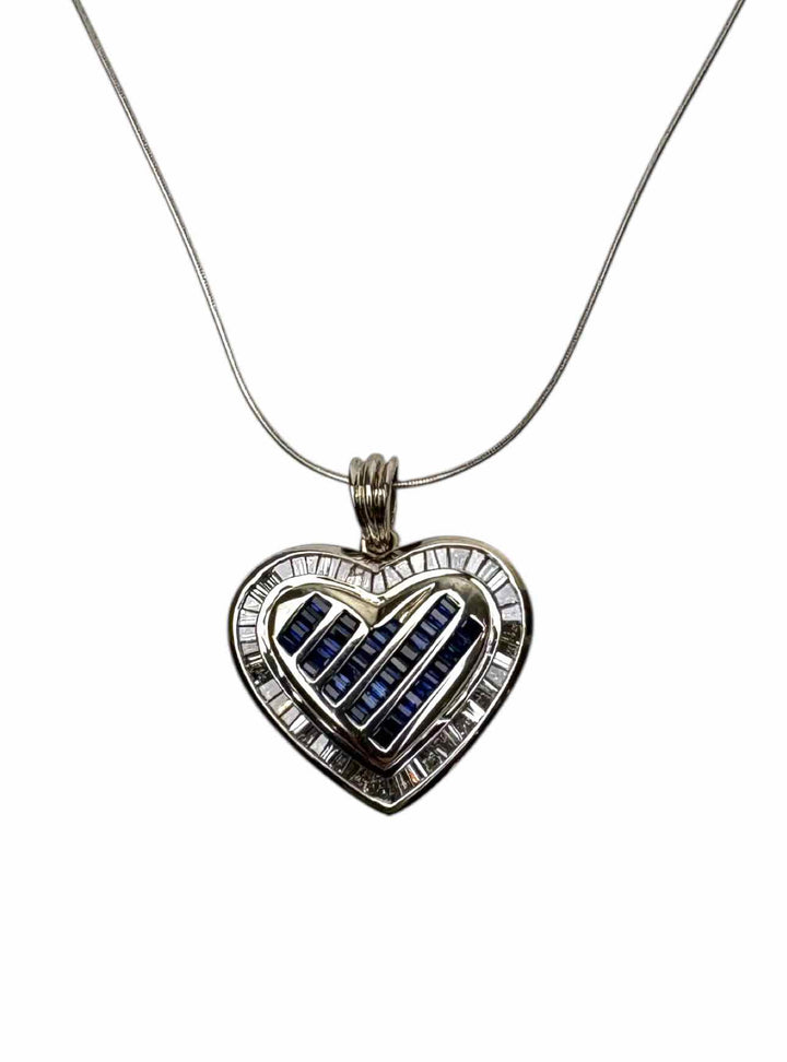 14K White Gold Necklace with Sapphire and Diamond Heart Pendant