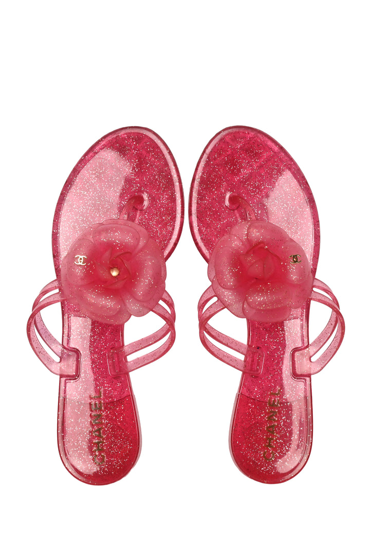 Chanel Size 37 Jelly Camellia Glitter Thong Sandals
