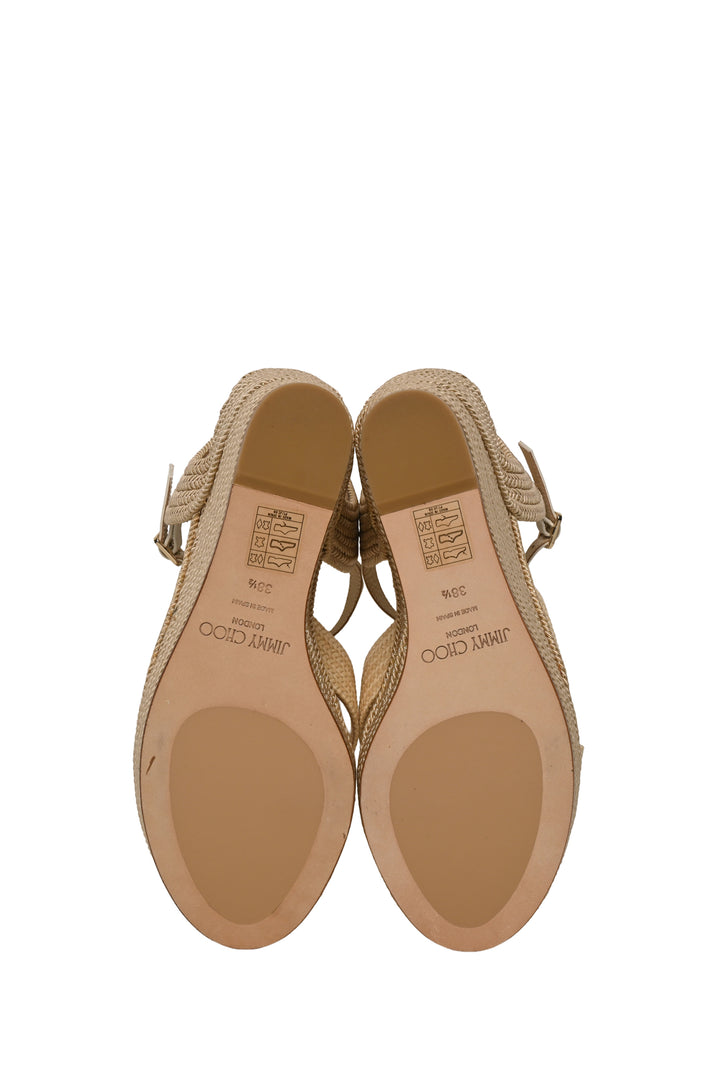 Jimmy Choo Size 38.5 Dellena 100 Natural Mix Raffia Wedges