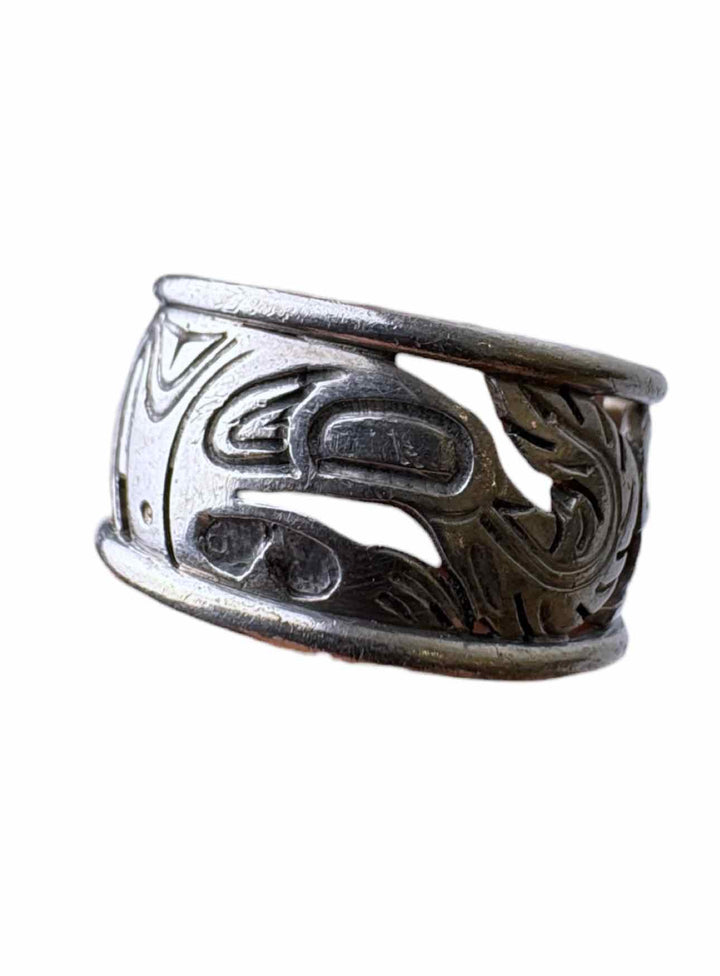 Size 9 Norman Bentley Silver Engraved Indigenous Ring