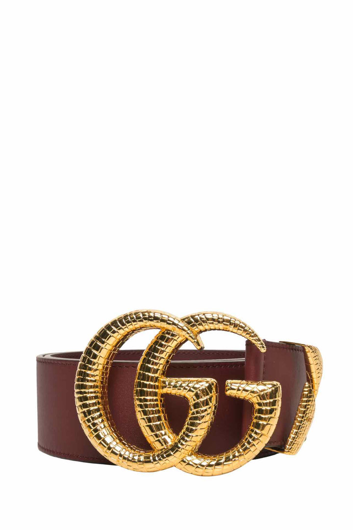 Gucci Size 32 Snakeskin-Effect Embossed Double G Buckle 50mm Wide Leather Belt