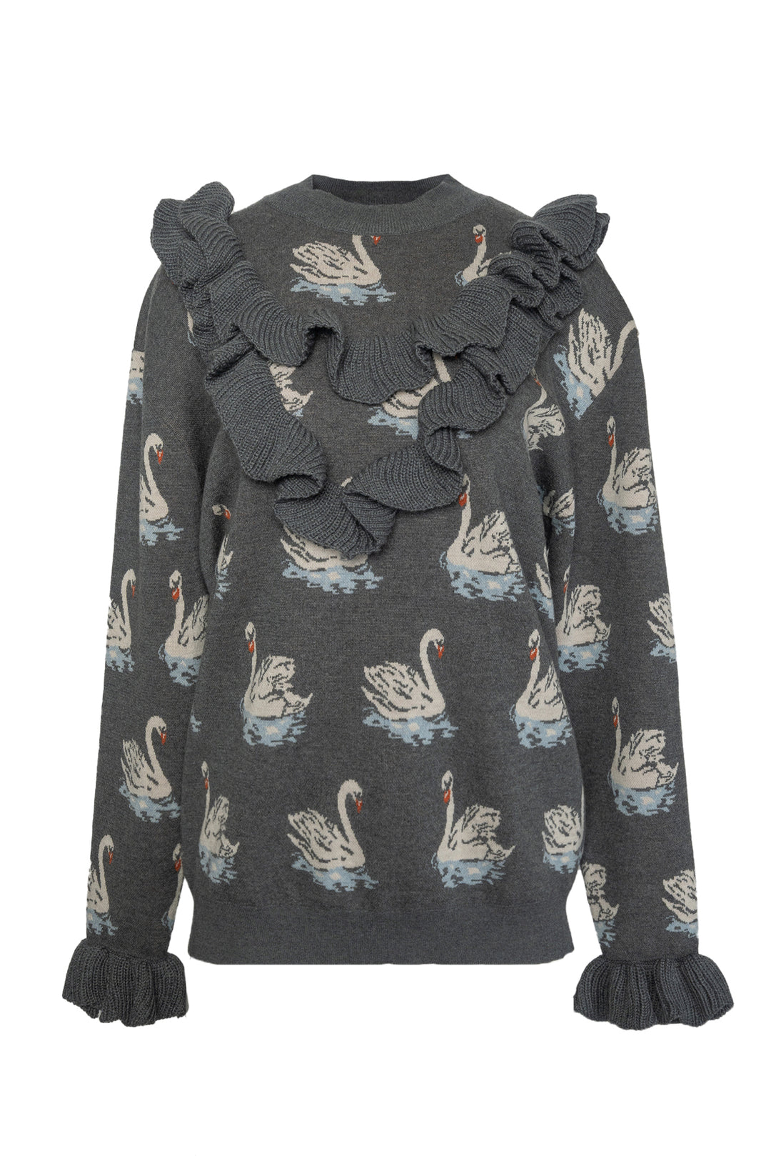 Stella Mccartney Size 44 Swan Intarsia Knit Ruffled Sweater