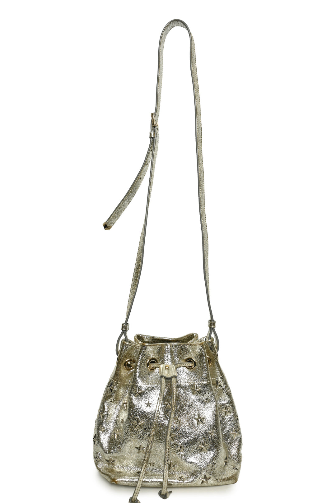 Jimmy Choo Star Studs Metallic Leather Bucket Bag Crossbody