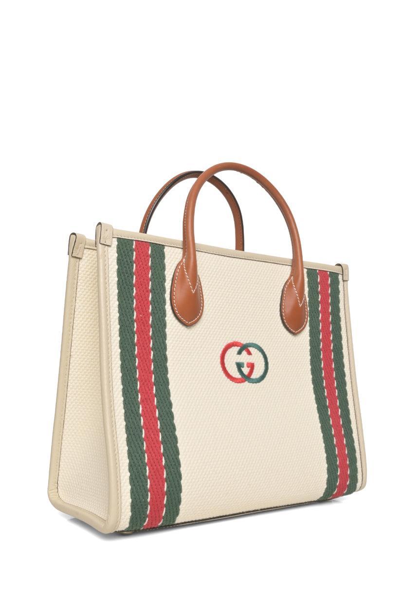 Gucci Interlocking G Embroidered Web Trim 2way Canvas Tote