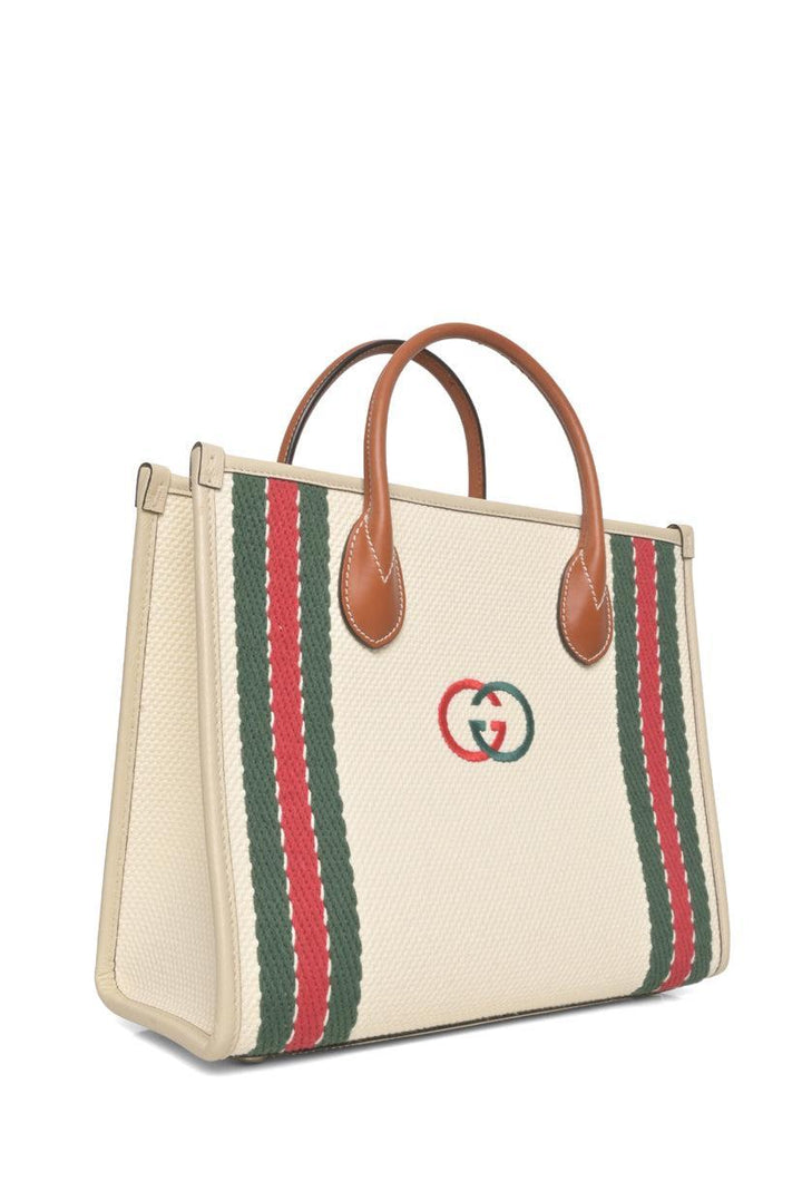 Gucci Interlocking G Embroidered Web Trim 2way Canvas Tote