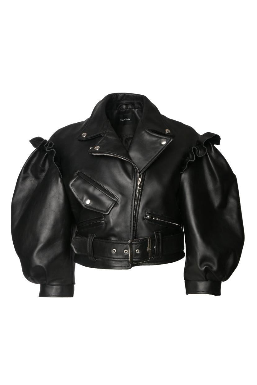 Simone Rocha Size 8 Puff-Sleeve Cropped Leather Biker Jacket