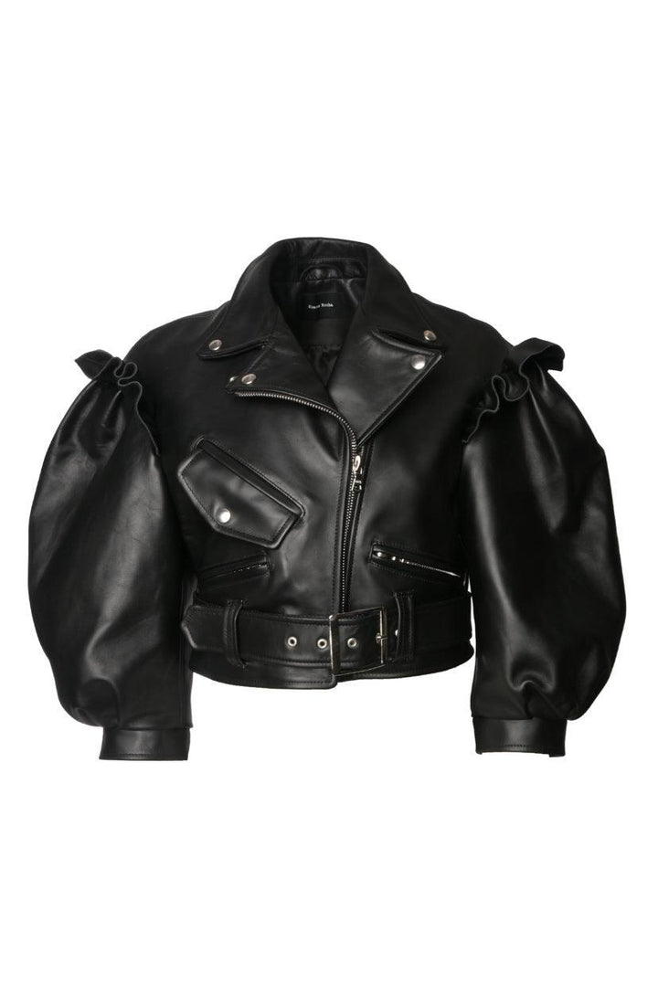 Simone Rocha Size 8 Puff-Sleeve Cropped Leather Biker Jacket