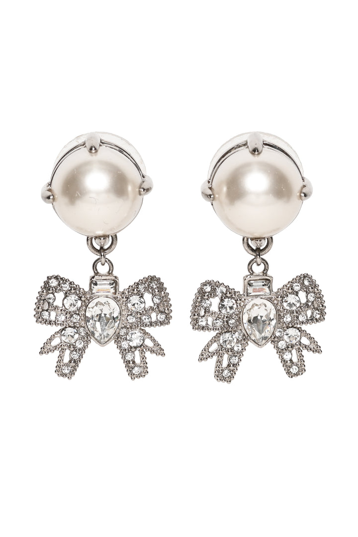 Miu Miu Faux Pearl Crystal Bow Drop Earrings
