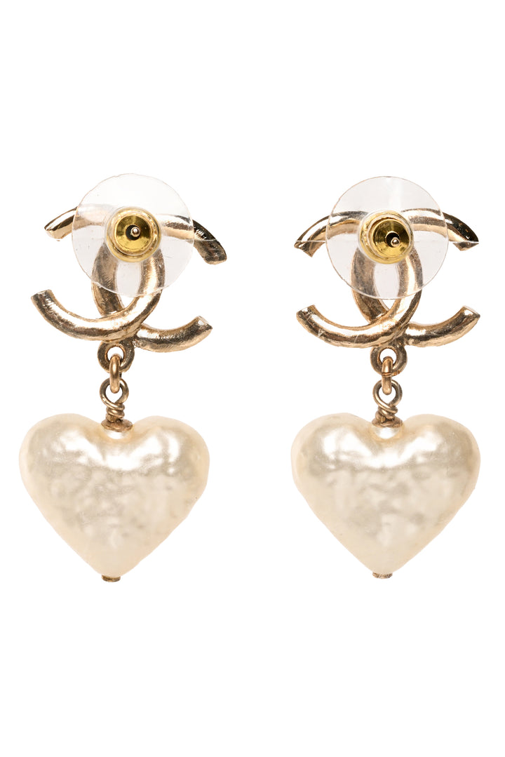 Chanel 2024 CC Faux Pearl Heart Drop Earrings