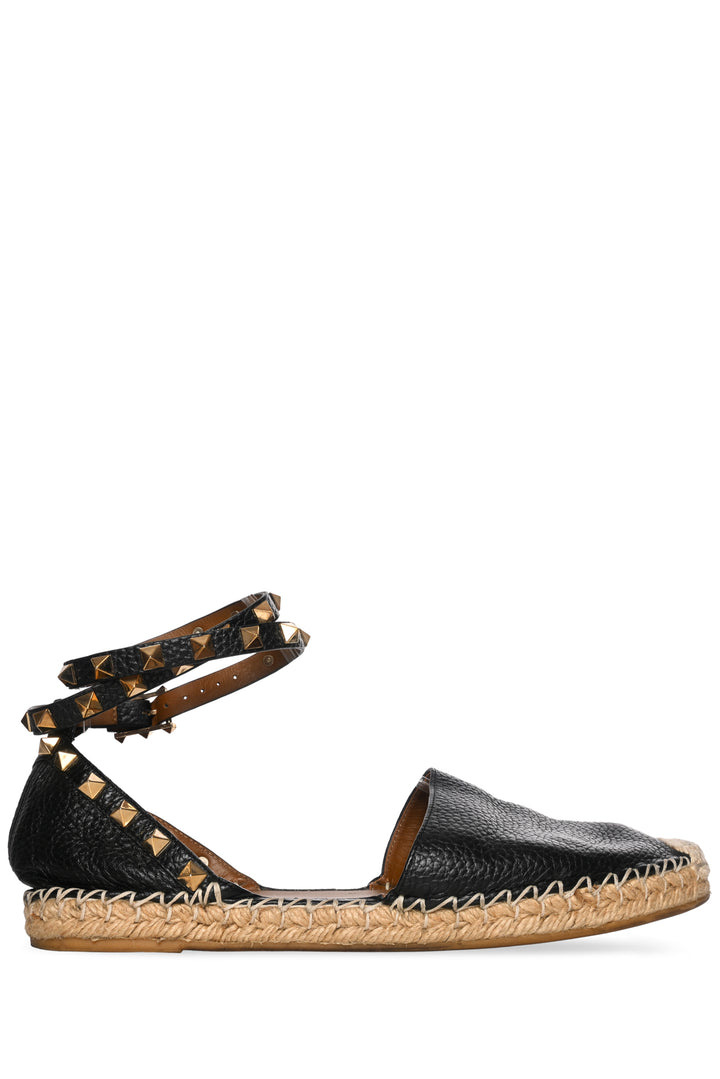 Valentino Size 37 Leather Rockstud Ankle Wrap Espadrille Sandals