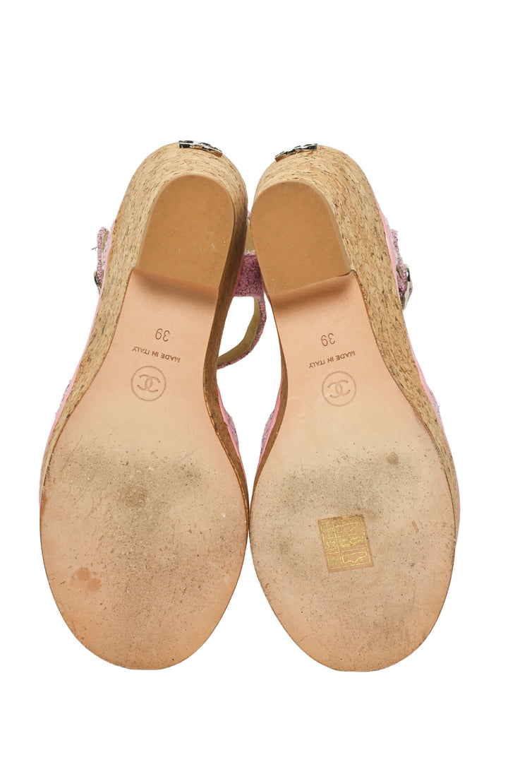 Chanel Size 39 Tweed & Cork CC Wedge Sandals
