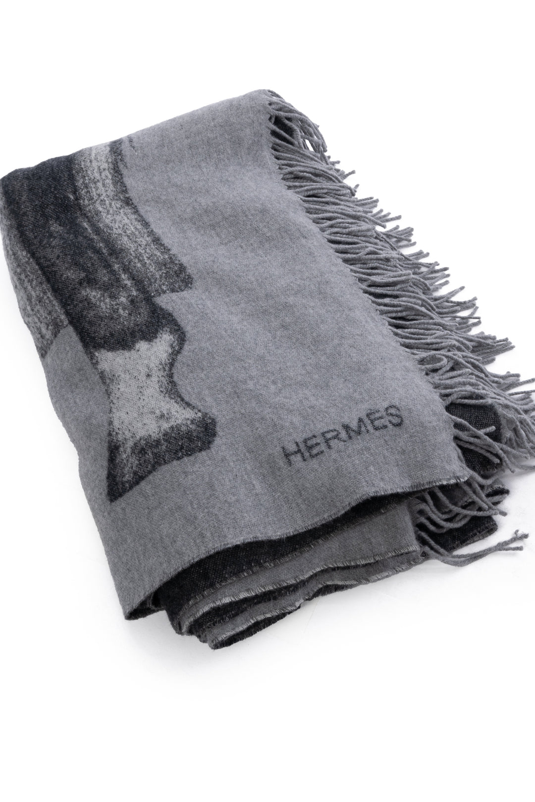 Hermes Cashmere Horse Print Fringe Blanket