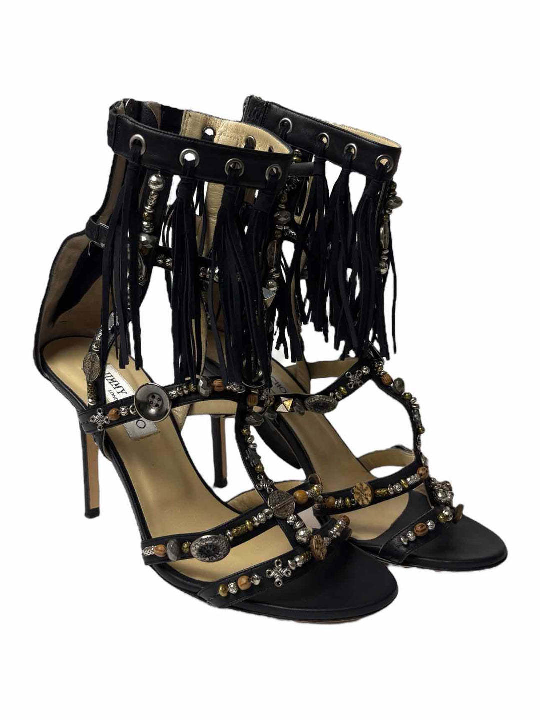 Jimmy Choo Beaded Leather Fringe Size 40 Sandals