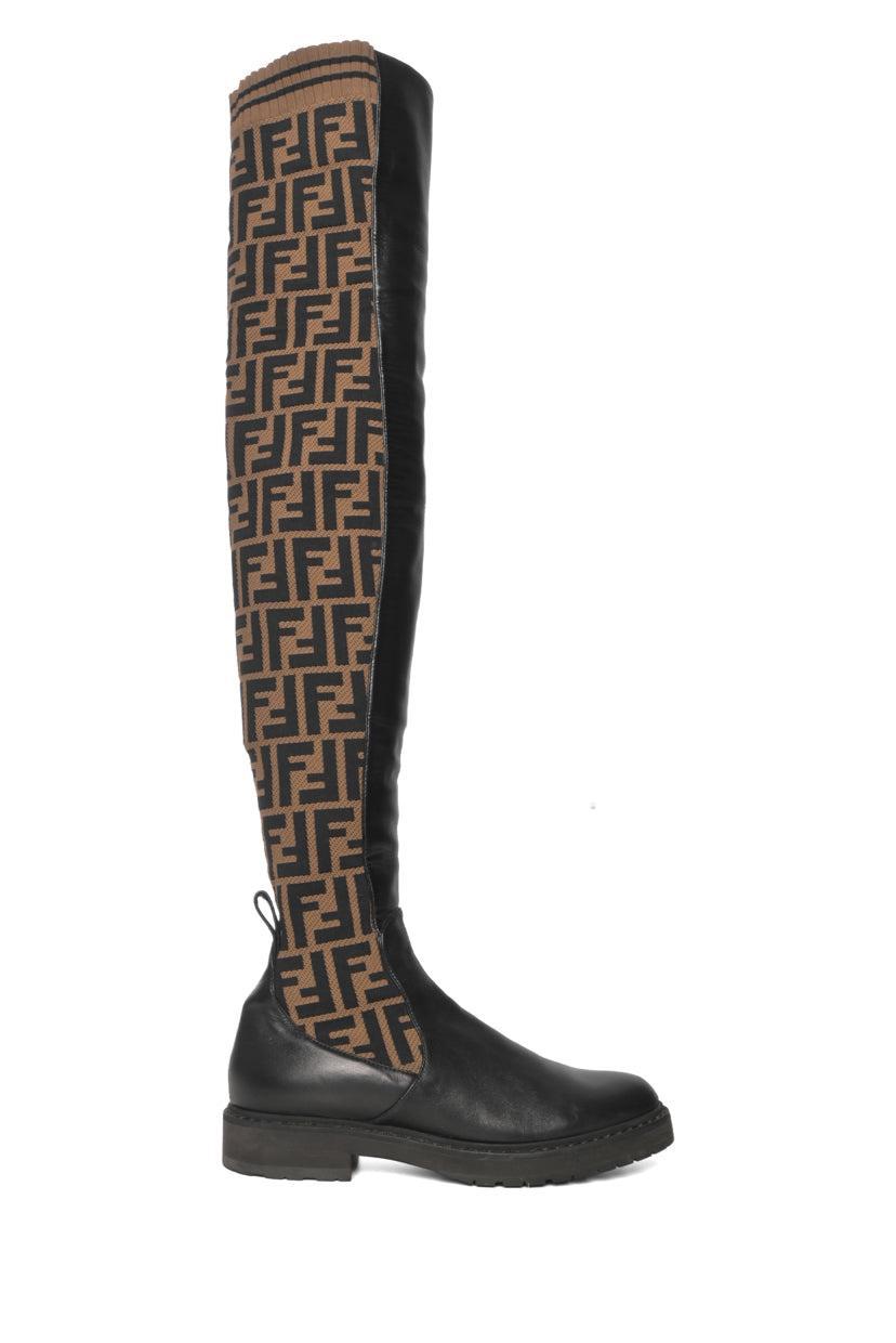 Fendi Size 37 Rockoko FF Zucca Over The Knee Boots