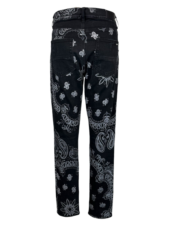 Amiri Size 33 Men's Distressed Flocked Paisley Bandana Denim Jeans