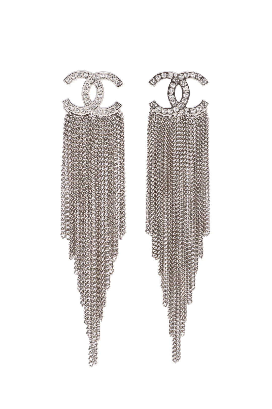 Chanel 2016 Crystal Strass CC Metal Fringe Earrings