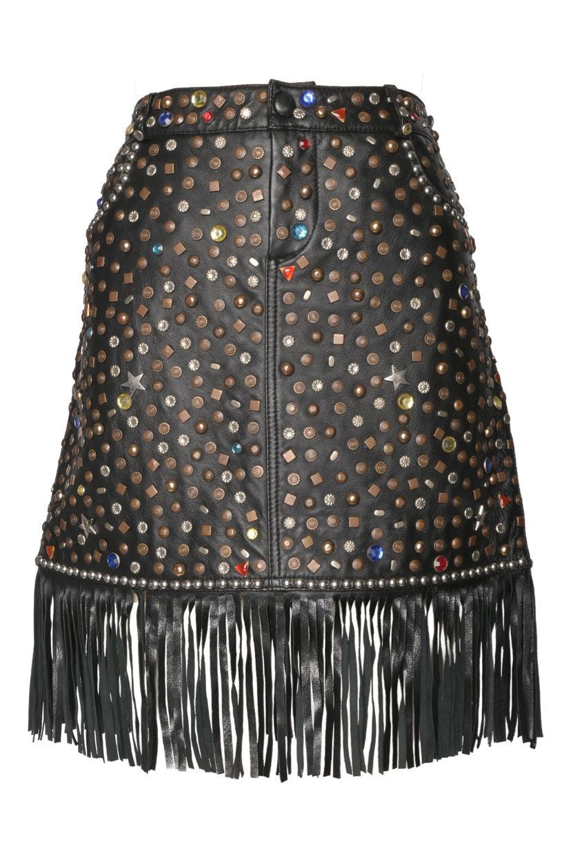 Jeremy Scott Size 10 Studded Fringe Leather Skirt