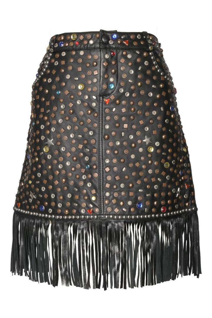 Jeremy Scott Size 10 Studded Fringe Leather Skirt