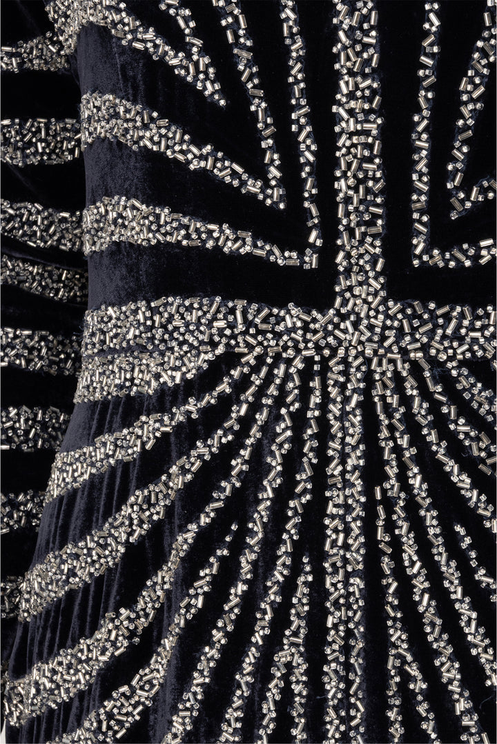 Naeem Khan Size 4 Navy & Silver Linear Beaded Velvet Dress