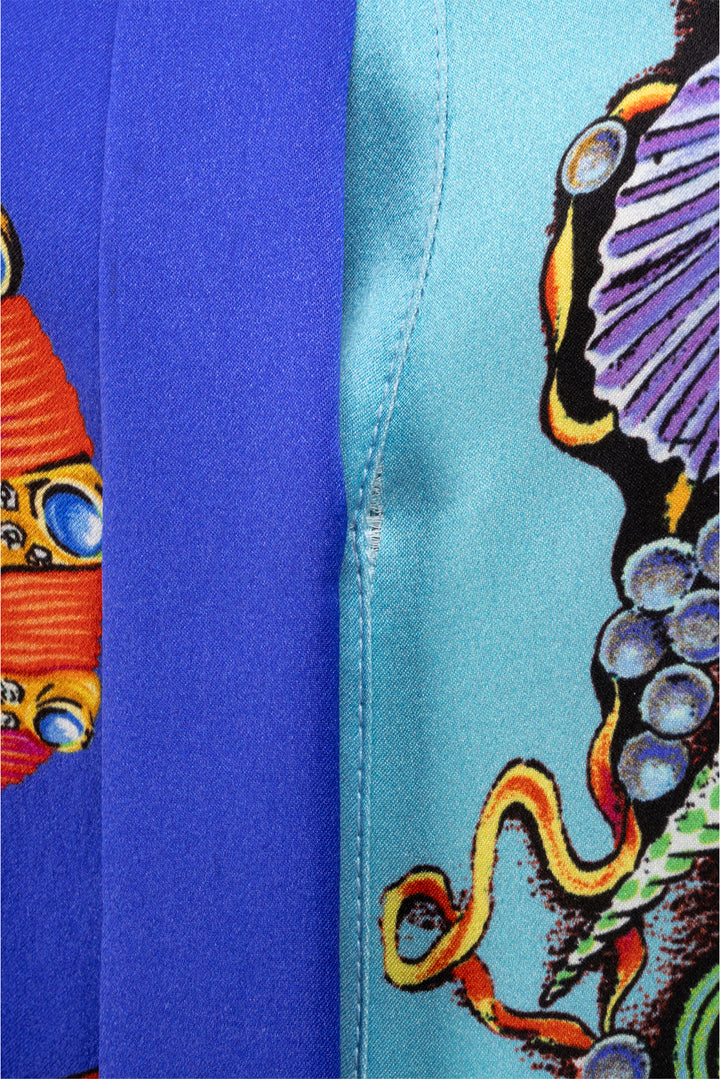 Versace Size XL Silk Ocean Print Blouse & Pleated Mini Skirt Set