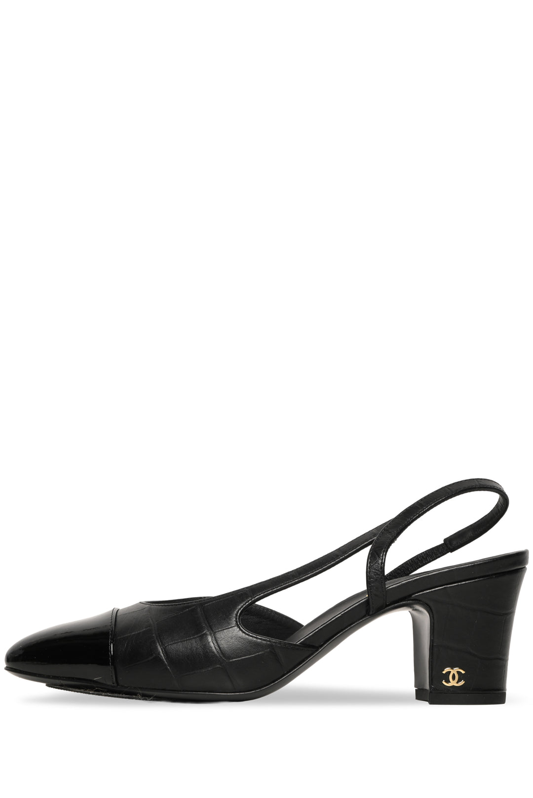 Chanel Size 37 Croc Embossed Patent Cap Toe CC Slingback  Pumps
