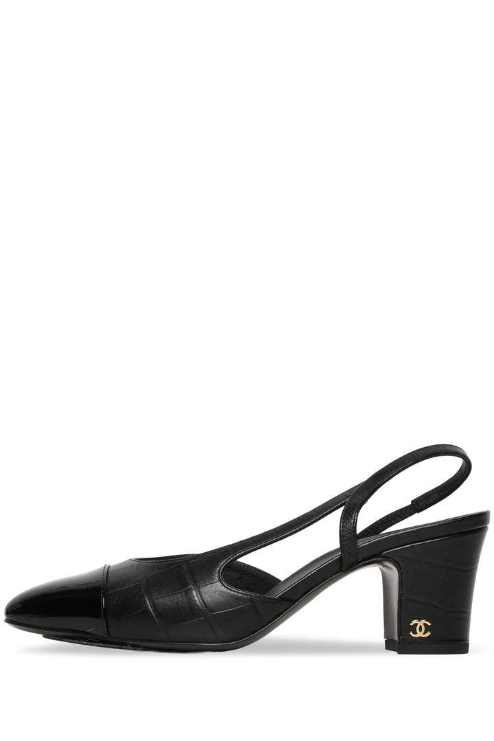 Chanel Size 37 Croc Embossed Patent Cap Toe CC Slingback  Pumps