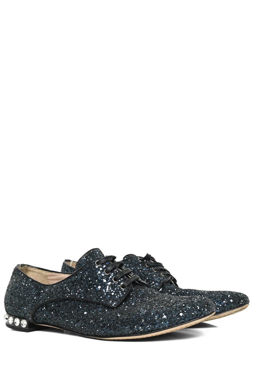 Miu Miu Size 37 Lace Up Glitter & Crystal Flats
