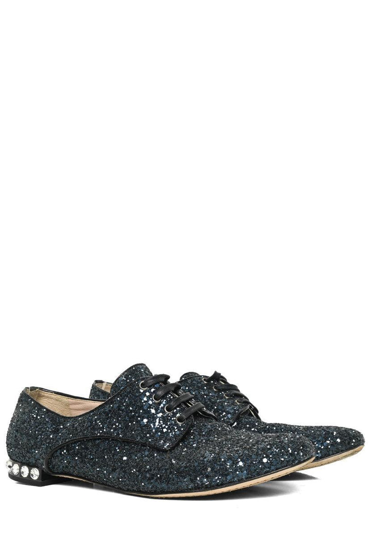 Miu Miu Size 37 Lace Up Glitter & Crystal Flats