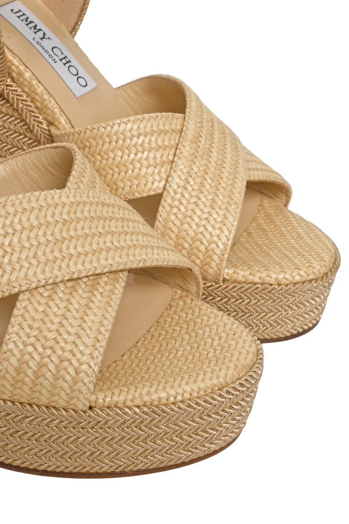 Jimmy Choo Size 38.5 Dellena 100 Natural Mix Raffia Wedges
