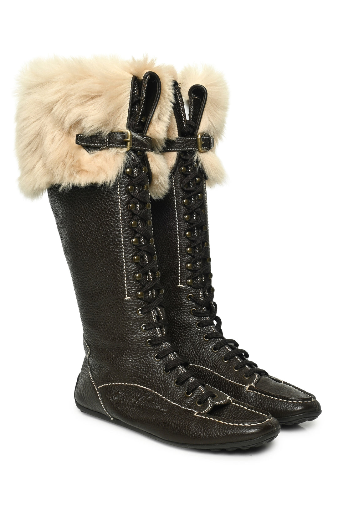 Louis Vuitton Size 39 Leather & Fur Trim Lace Up Boots
