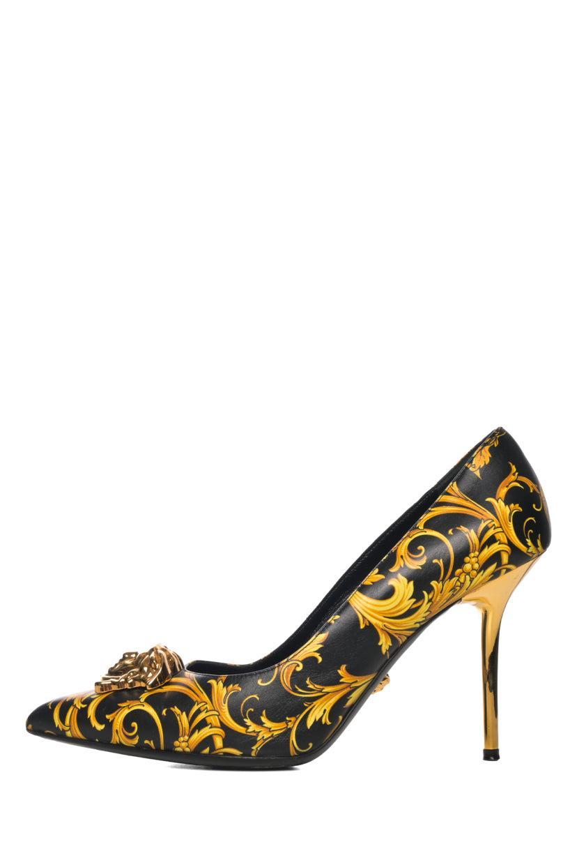 Versace Size 39 Barocco Printed Leather Medusa Palazzo Pumps
