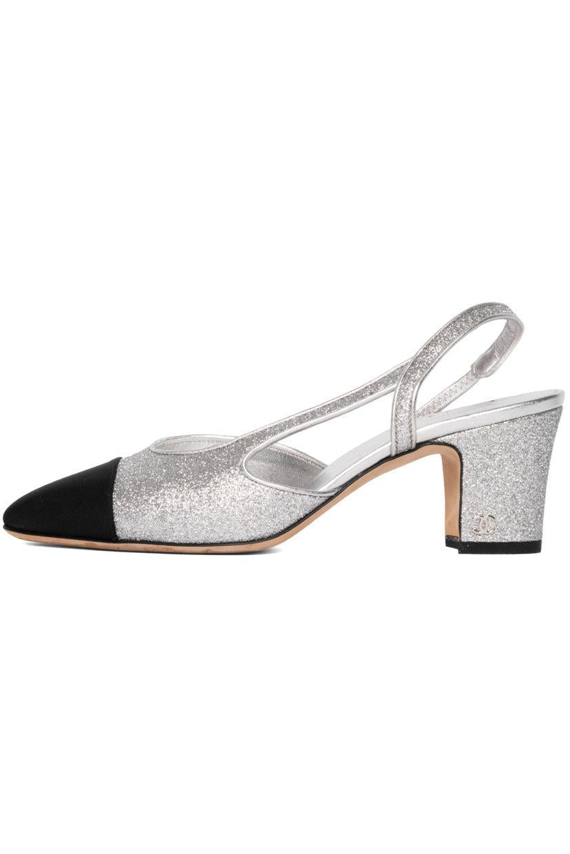 Chanel Size 37 Glitter & Grosgrain Cap Toe Slingback Pumps