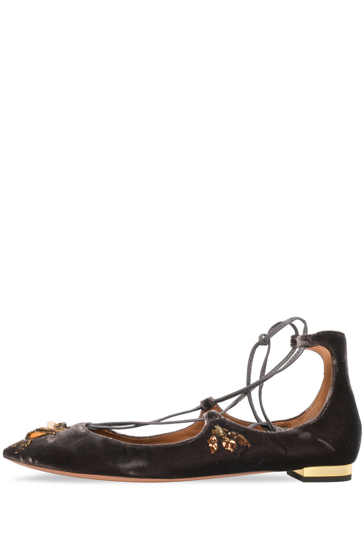 Aquazzura Size 36 Christy Fauna Embellished Velvet Flats
