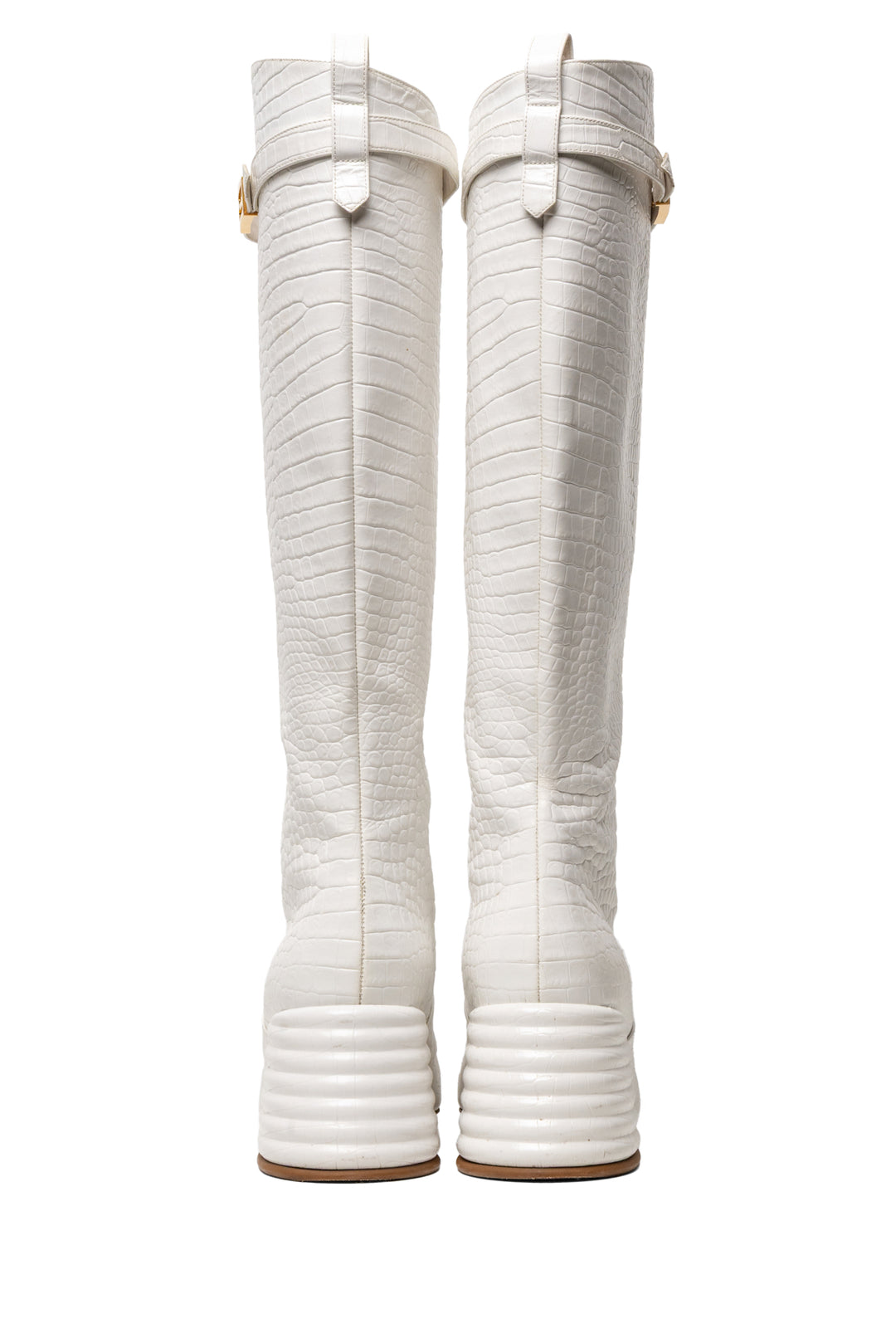 Fendi Size 38.5 Logo Plaque Crocodile Embossed Knee High Boots