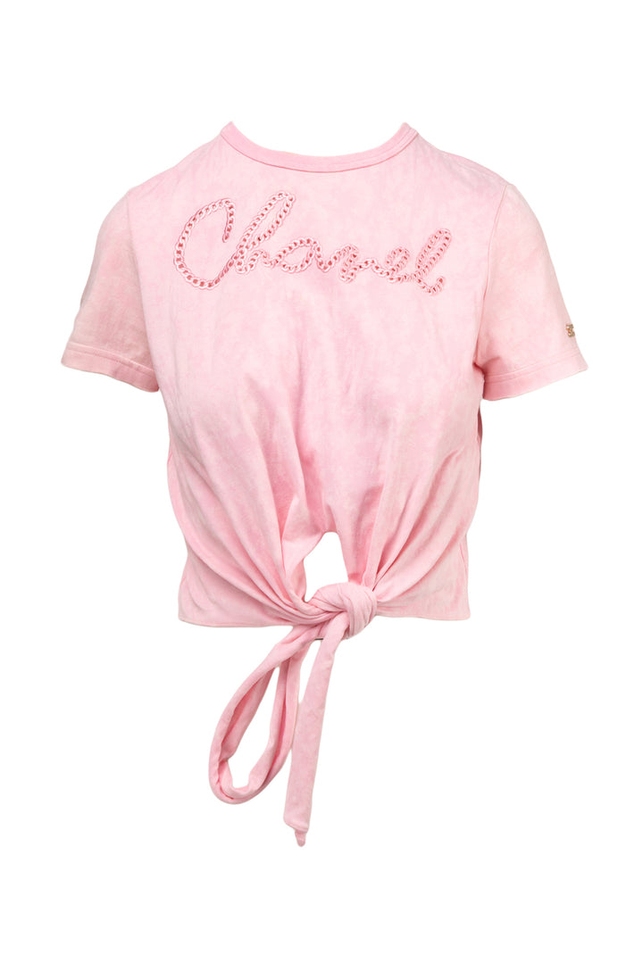 Chanel Size 2 Logo Embroidery Tie Cropped T-Shirt