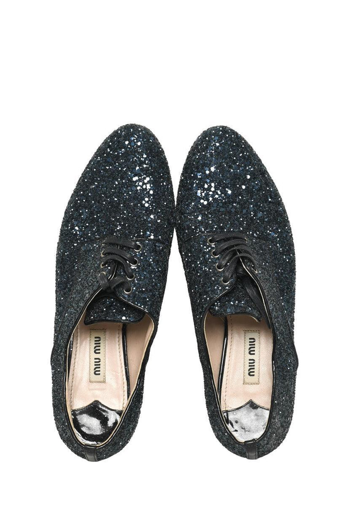 Miu Miu Size 37 Lace Up Glitter & Crystal Flats
