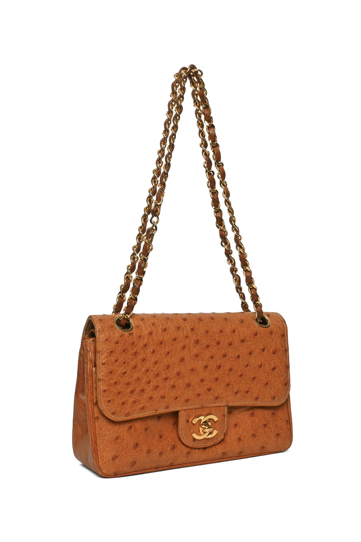 Chanel Rare Vintage 1986-1988 Ostrich Leather Small Double Flap Shoulder Bag